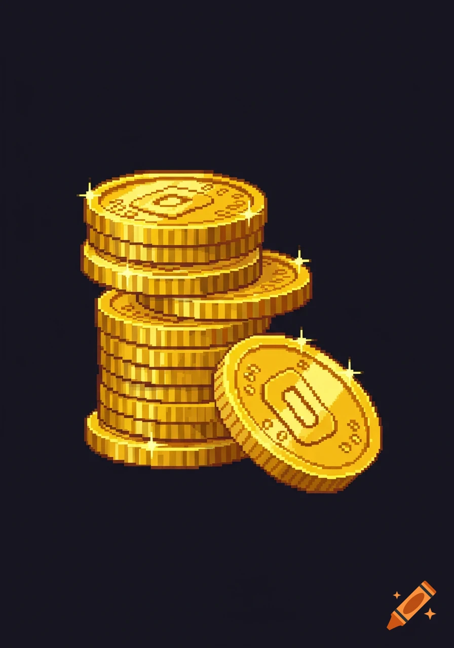 A stack of golden pixel art coins with one coin leaning against the stack on a dark background.