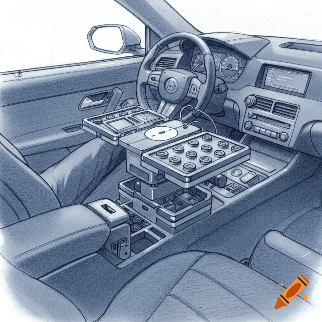 A blue pencil drawing of a car interior with a modular table on the center console featuring a screen and eight round buttons, with a person's leg visible.
