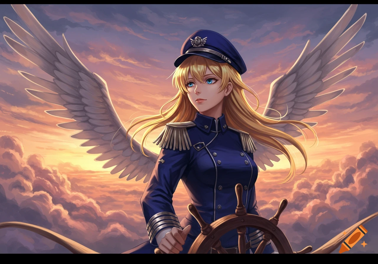 Anime-style blonde woman captain with white wings, steering a ship's wheel against a dramatic sunset sky with clouds.
