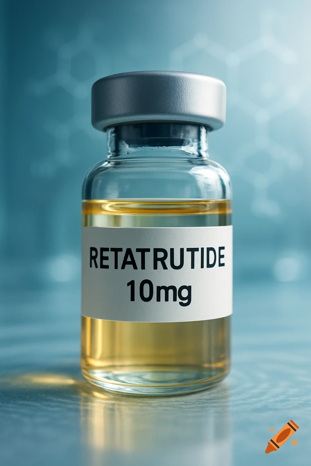 A photorealistic close-up of a medical vial with yellowish liquid, labeled "RETATRUTIDE 10mg".