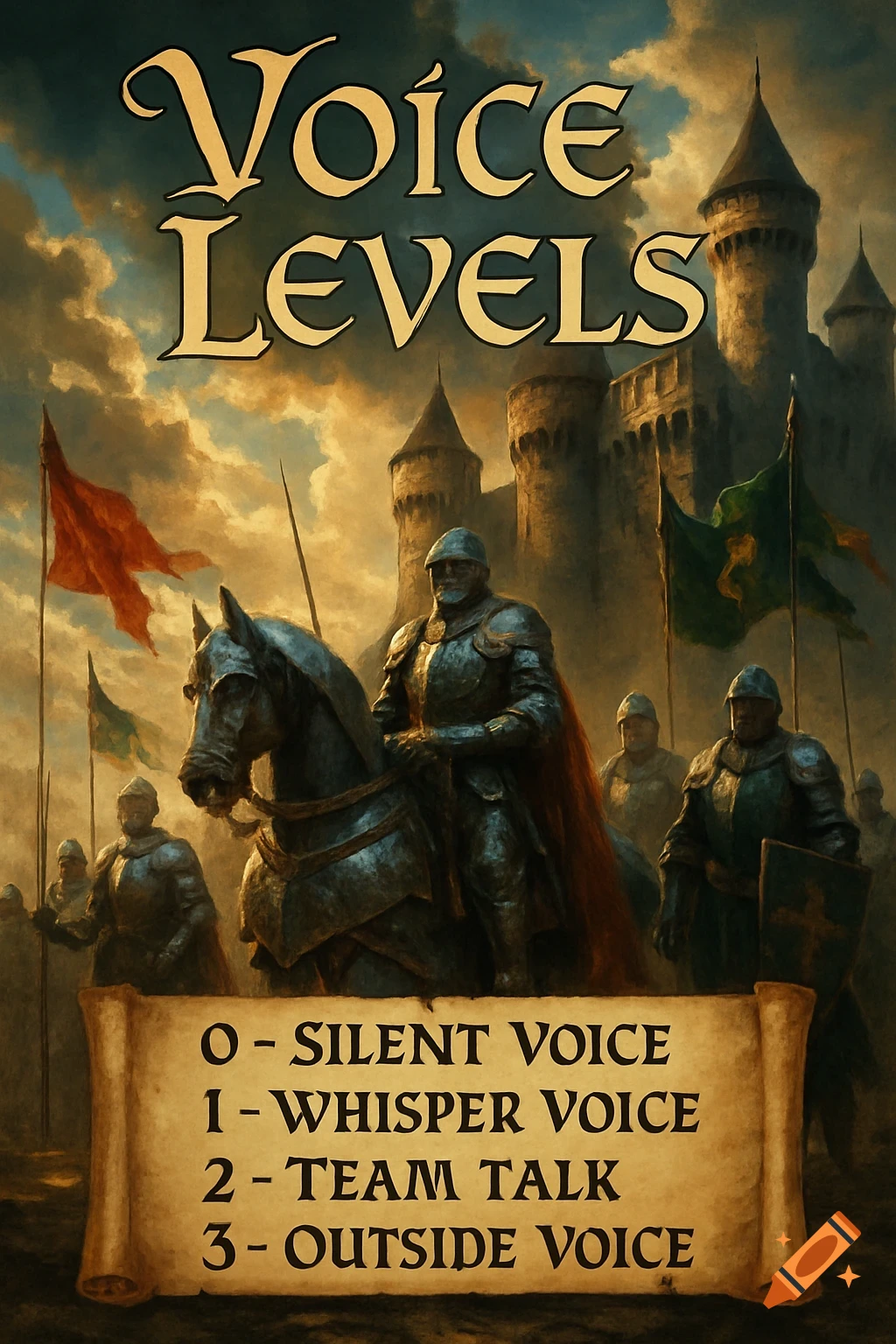 A dramatic medieval poster shows knights in armor, one on horseback, before a castle. Text reads 'Voice Levels' and lists voice levels on a scroll.