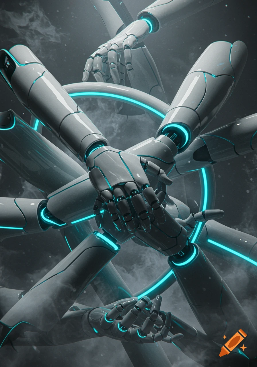 Multiple glowing blue and white robotic arms and hands intertwine against a dark, smoky background with a large ring.