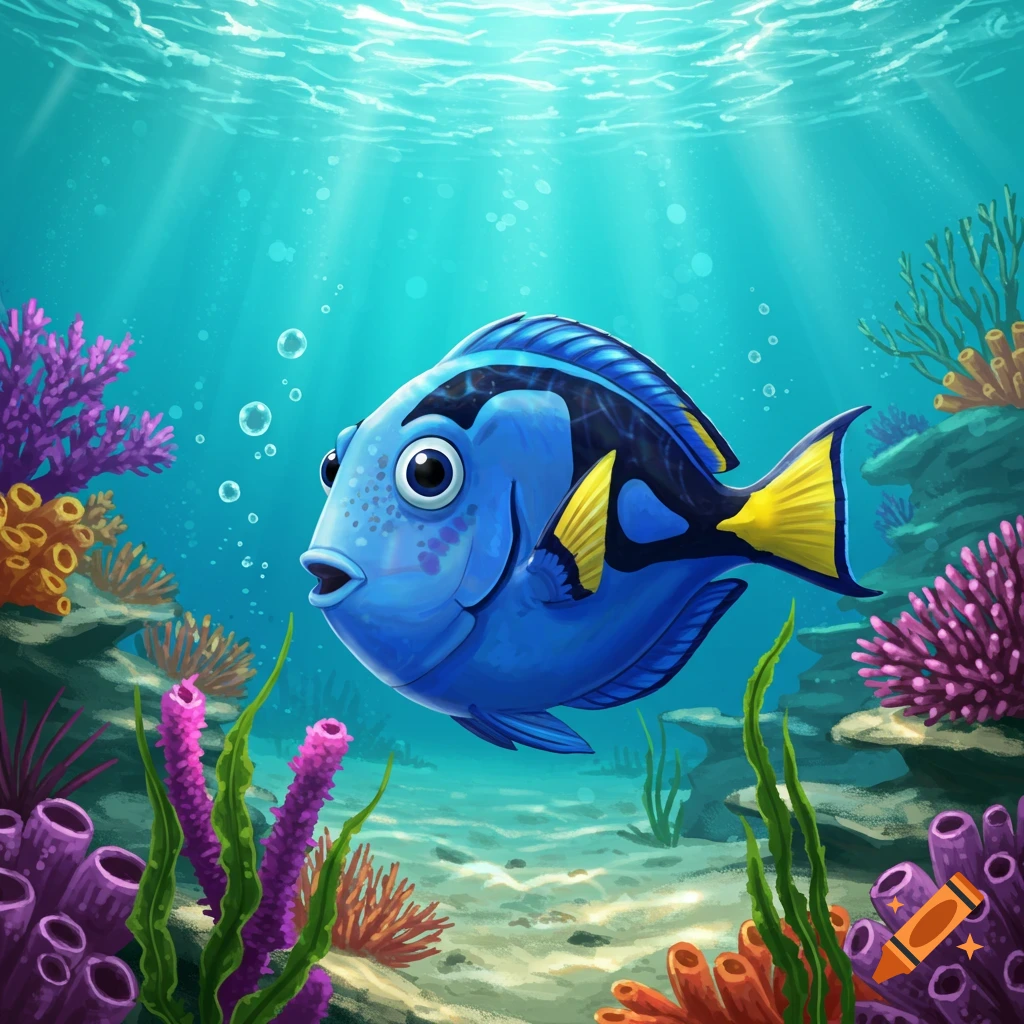 A bright blue cartoon fish, resembling Dory, swims among colorful coral and seaweed in a sunlit underwater scene.