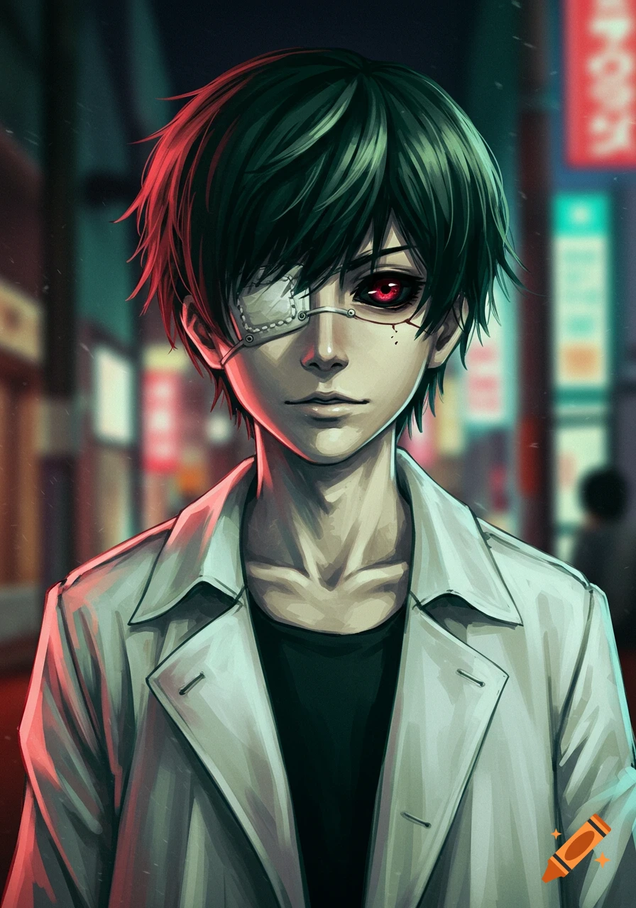 Anime character with dark green hair, an eyepatch, and a glowing red eye, wearing a white trenchcoat, in a blurred city.