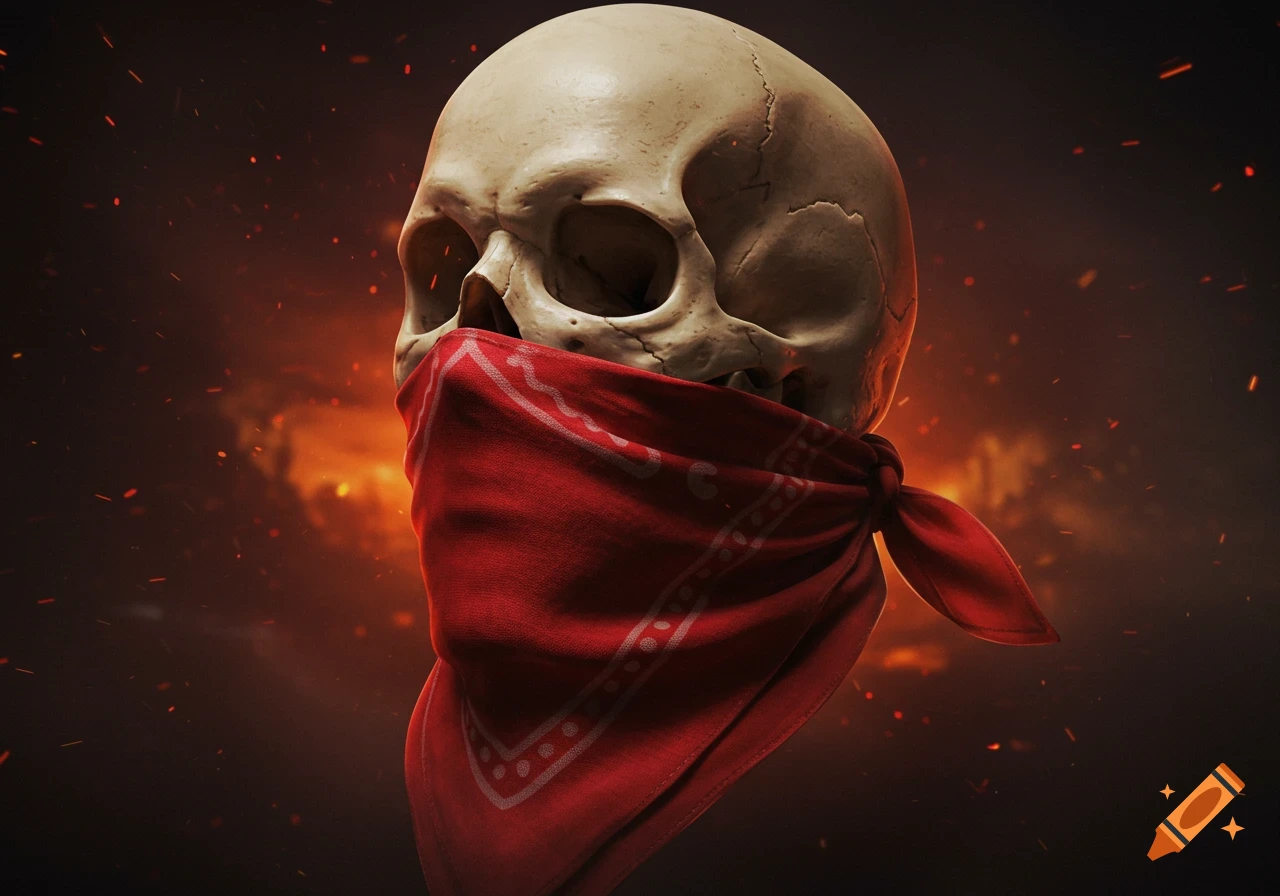 Photorealistic human skull wearing a red bandana, exposing teeth and nose, against a dark, smoky background with orange embers.