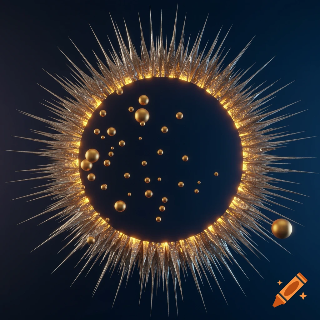 A dark blue sphere with golden spikes emanating outwards, surrounded by floating golden orbs, against a dark blue background.