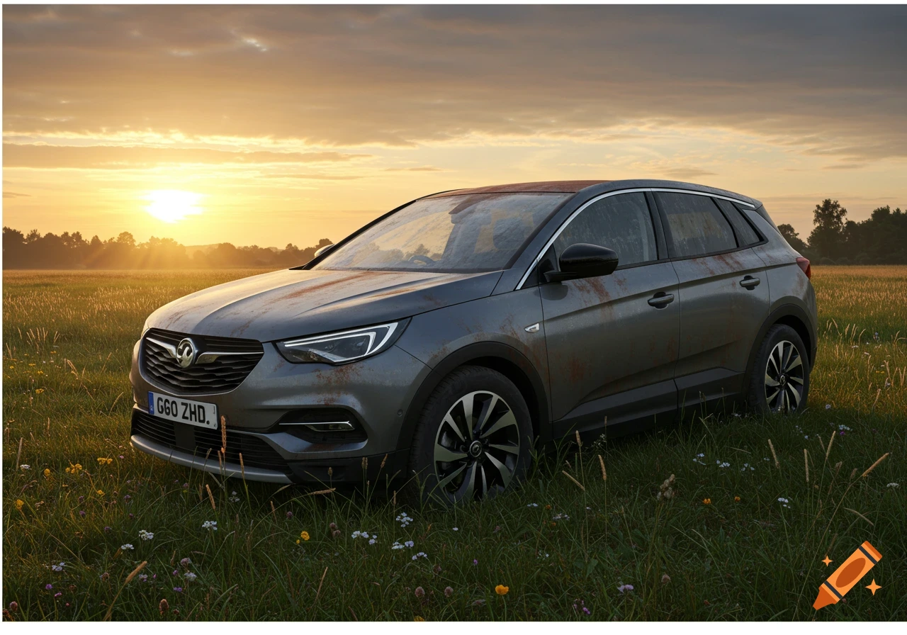 A rusty grey Vauxhall Grandland SUV parked in a grassy field with wildflowers under a golden sunset sky, photorealistic.