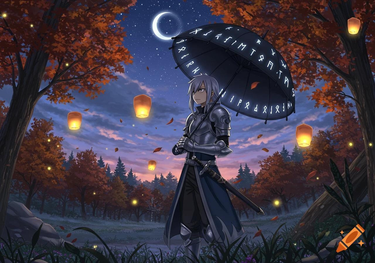 An anime-style character in silver armor holds a black umbrella covered in glowing runes in a moonlit autumn forest with floating lanterns.