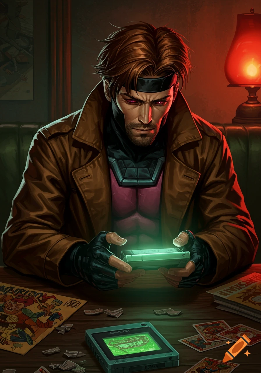Marvel's Gambit intently plays a glowing Game Boy, surrounded by comic books and a retro handheld console.