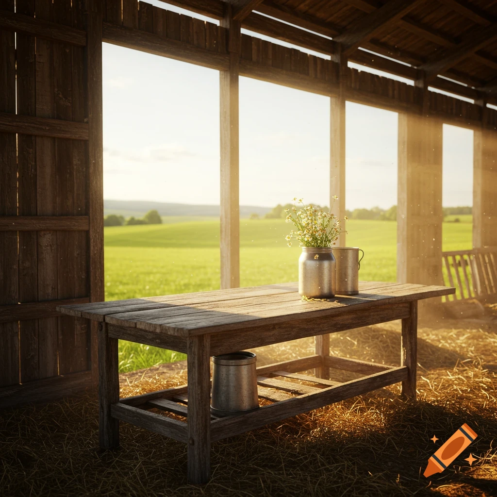 Photorealistic image of a rustic wooden table with flowers and milk cans in a sunny barn overlooking a green field.