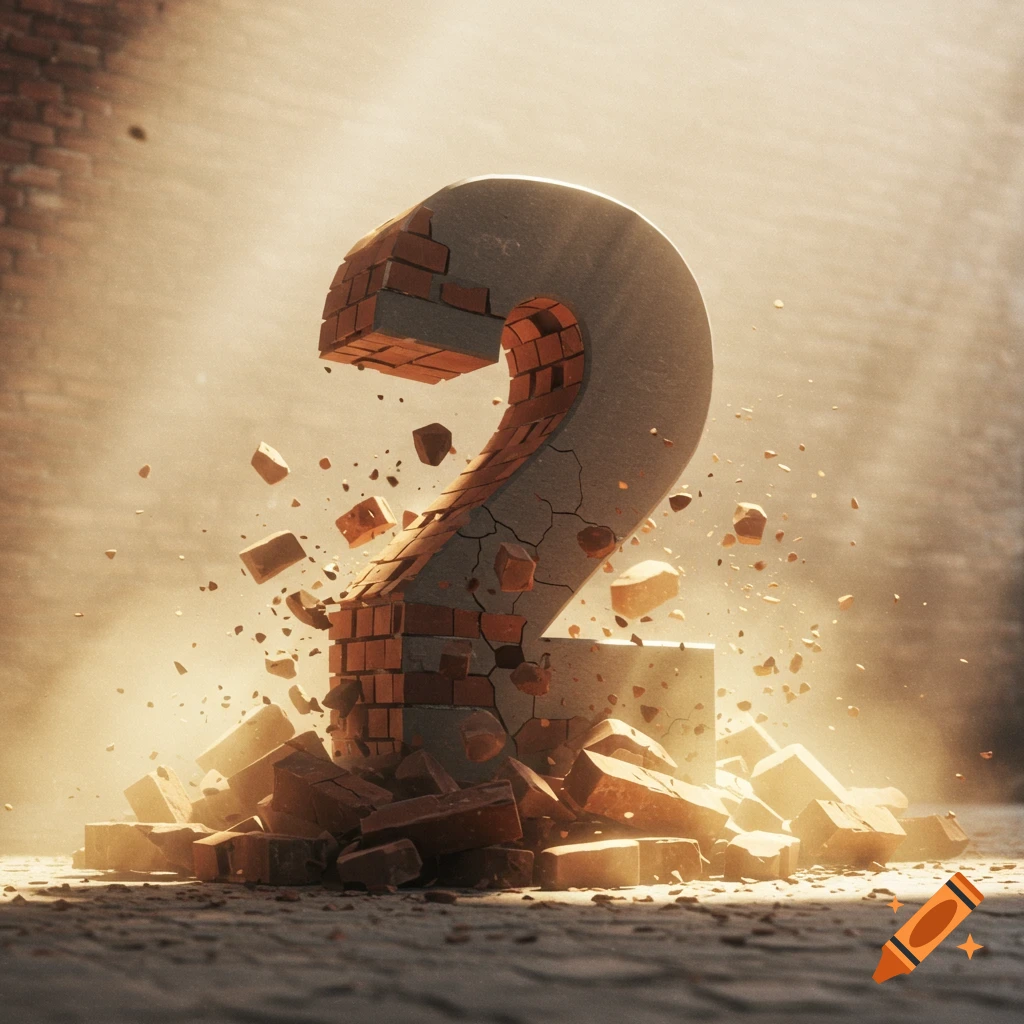 A concrete number 2 bursts from a crumbling brick wall, scattering bricks and dust in a dramatic, photorealistic scene.