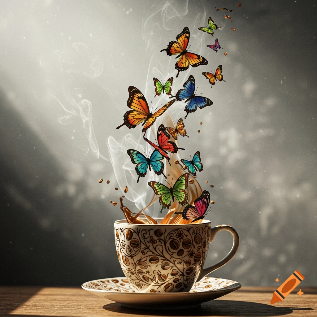 A decorative coffee cup on a wooden table with steam rising and transforming into colorful butterflies, in a tattoo art style.