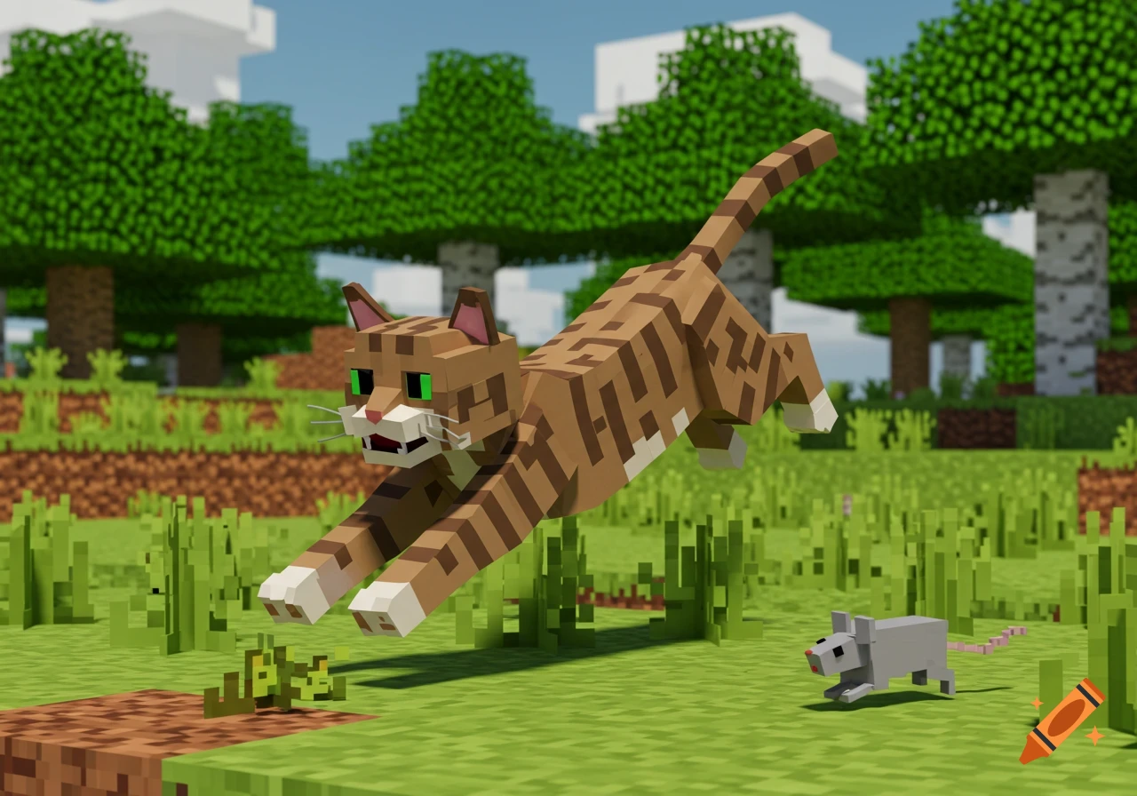 A blocky brown tabby cat in a Minecraft style world pounces towards a small grey mouse on green grass.