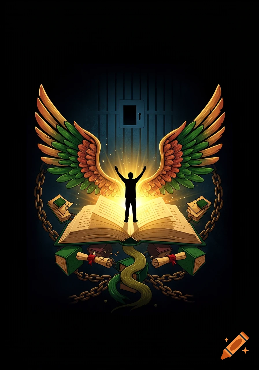 A person stands on a glowing open book with wings, chains, and a prison door in a dark, symbolic illustration.