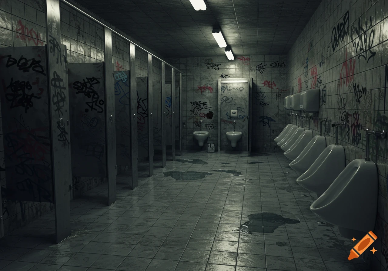 A dark, gritty public men's restroom with rows of stalls and urinals. The tiled walls and floor are covered in graffiti and water puddles, in a photorealistic style.