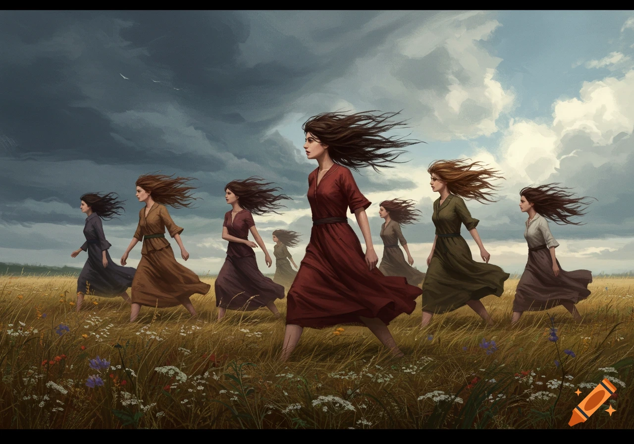 Several women with wind-blown hair walk through a grassy field with wildflowers under a dramatic, cloudy sky.