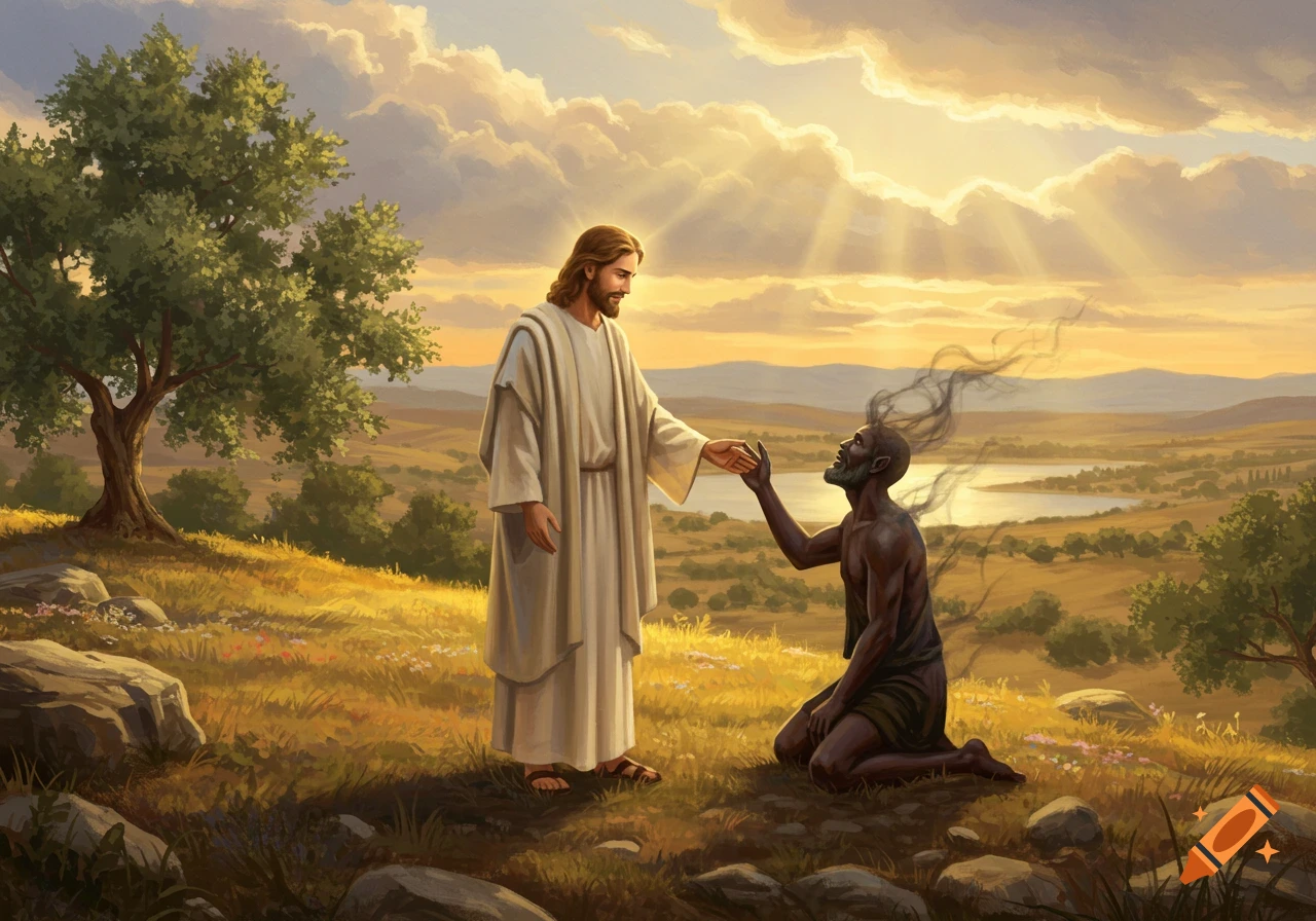 Jesus, in white robes, extends his hand to a kneeling, dark-skinned figure with smoke emanating from its head, set in a golden field under a sunset sky.