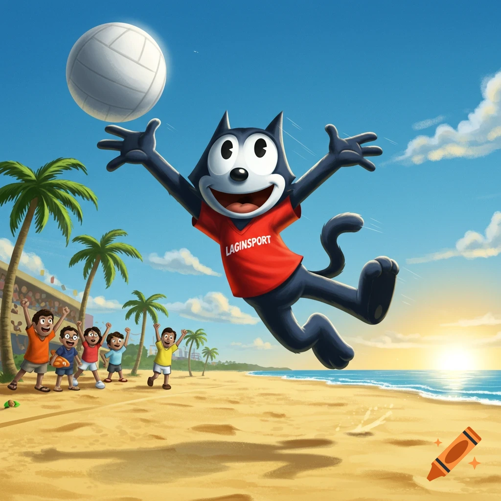 Felix the Cat wearing a red jersey jumps to hit a volleyball on a sunny beach, with children playing in the background.