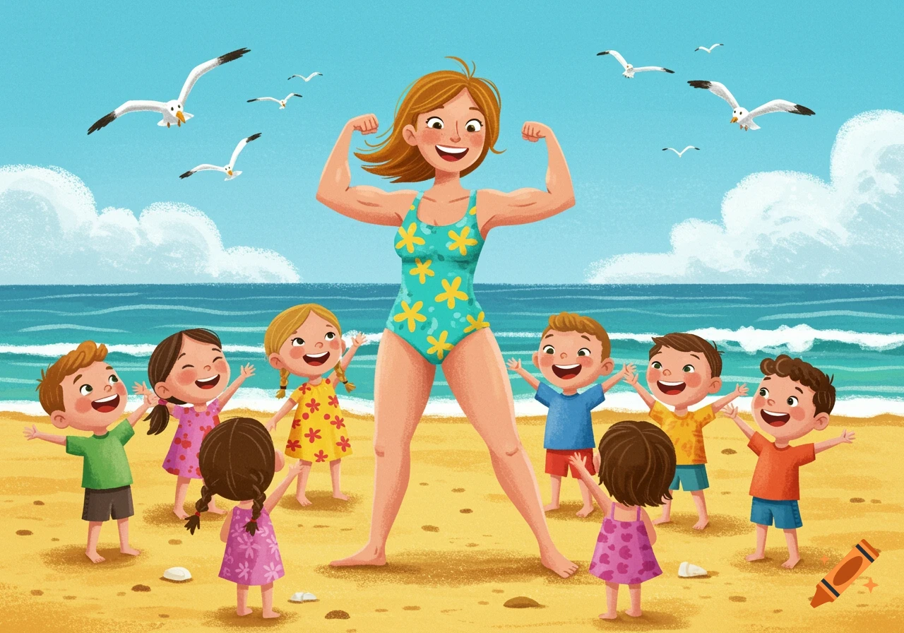 A strong mother in a swimsuit flexing her muscles at the beach, surrounded by cheering children in a children's book art style.