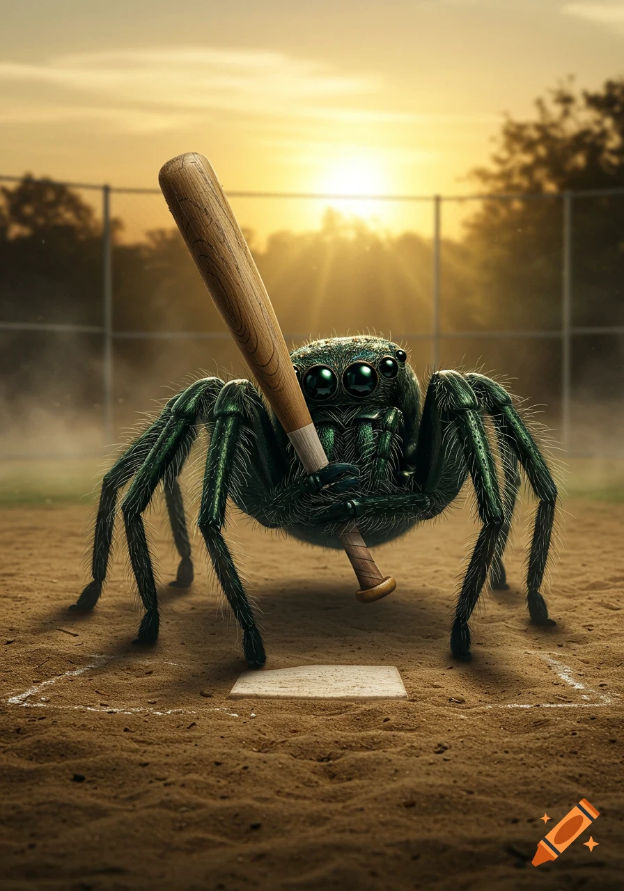 A furry green spider stands on a dirt baseball field near home plate, holding a wooden bat with a golden sunset in the background.