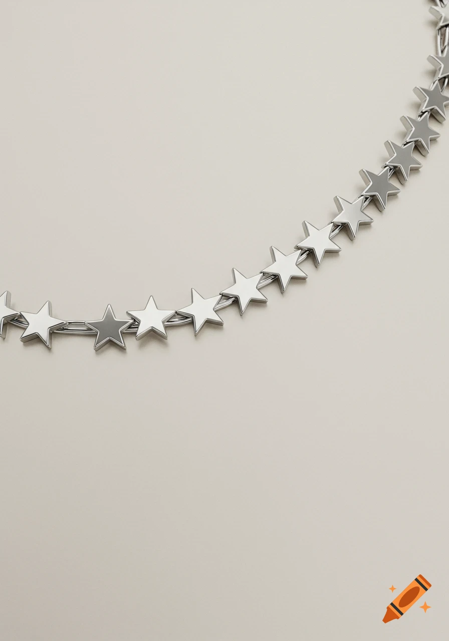 Polished silver chain of interlocked five-point stars on a plain light background.