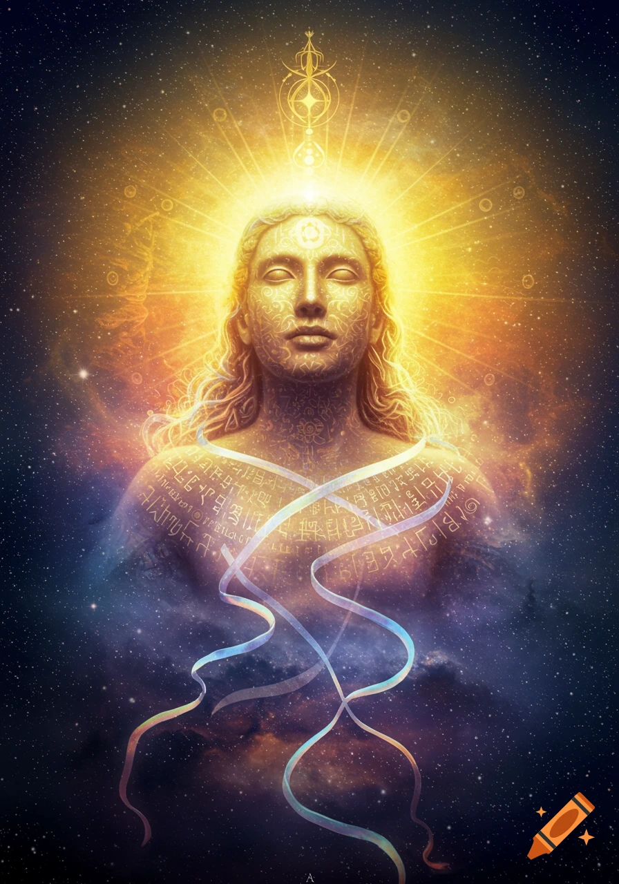 A glowing, serene spiritual figure with closed eyes and intricate patterns on its skin, emerging from a cosmic, starry background with flowing ribbons.