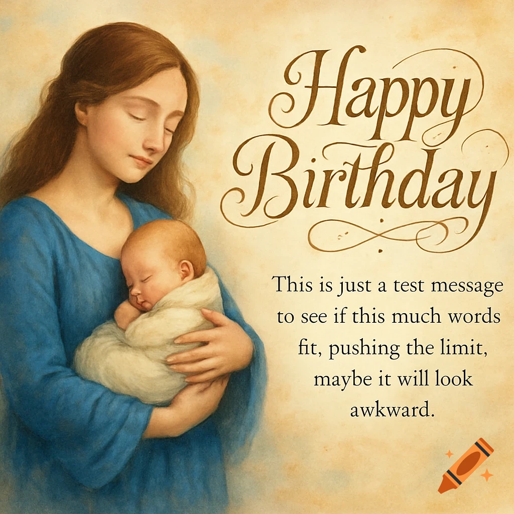 Serene woman in a blue dress holding a swaddled baby, with 'Happy Birthday' text and a message, in a soft painterly style.