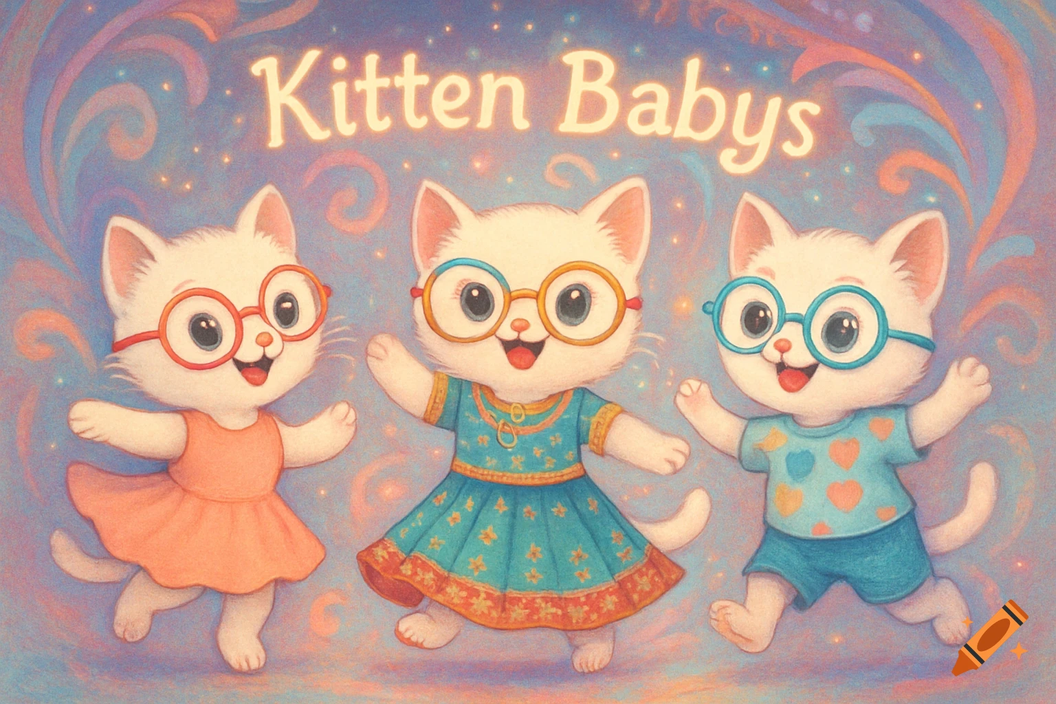 Three happy cartoon kittens wearing glasses and colorful clothes dance under glowing text 'Kitten Babys'.