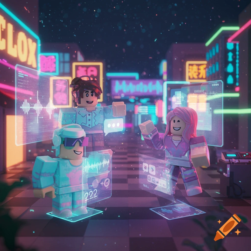 Three Roblox-style characters in a neon-lit cyberpunk city street at night, interacting with holographic interfaces and glowing displays.