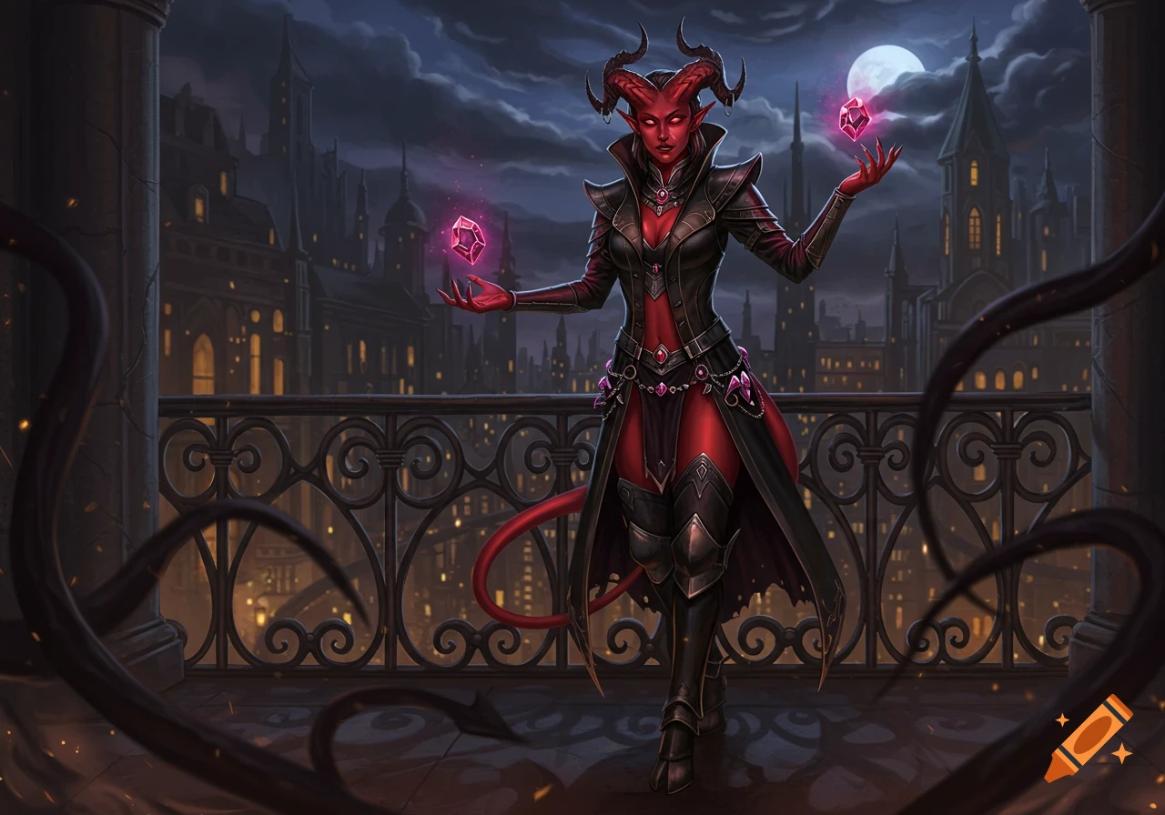 Red-skinned demon woman with horns and tail, wearing a long black coat and armor, holding glowing pink gems on a gothic balcony overlooking a nighttime city.
