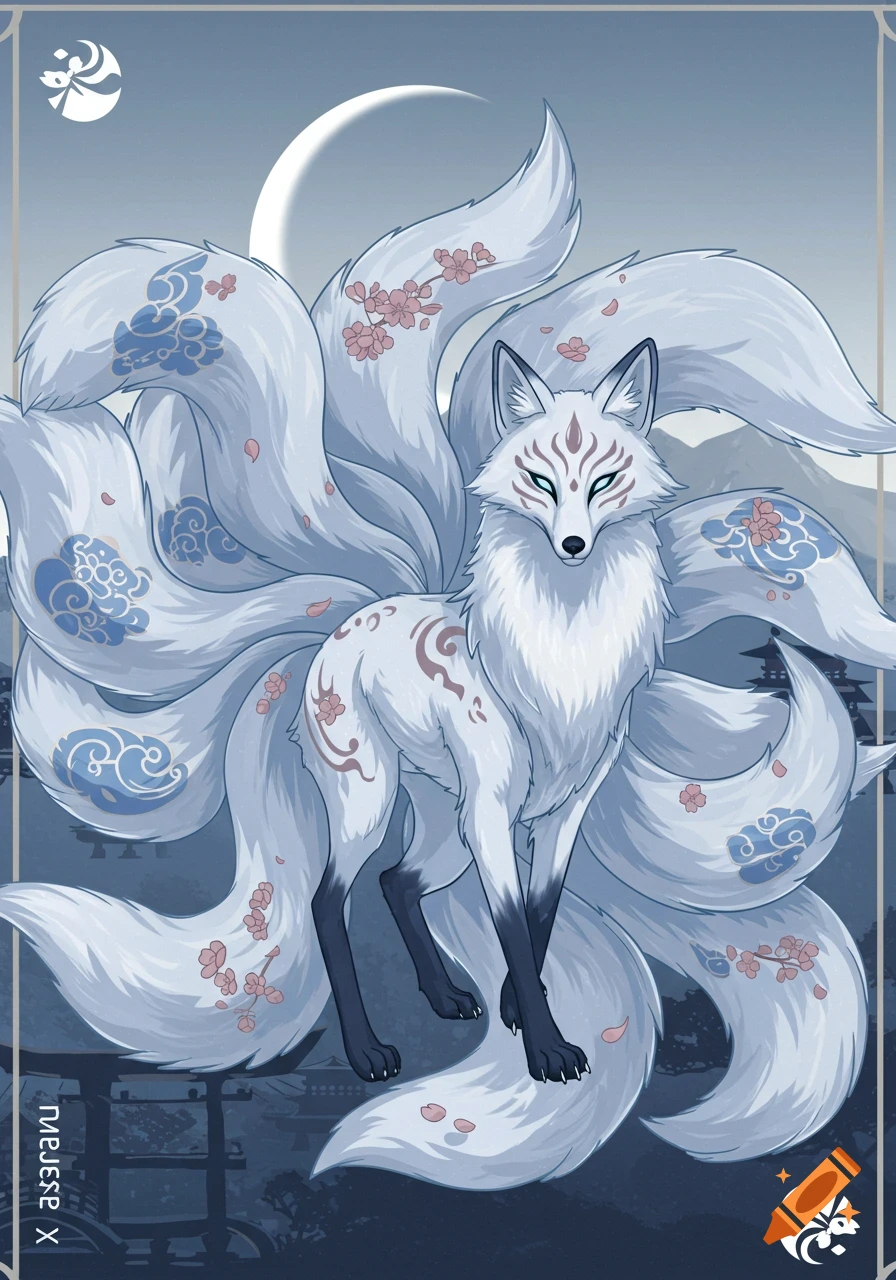 A stylized white nine-tailed fox with blue and pink floral patterns on its tails and body, against a muted blue background with a crescent moon and distant pagodas.