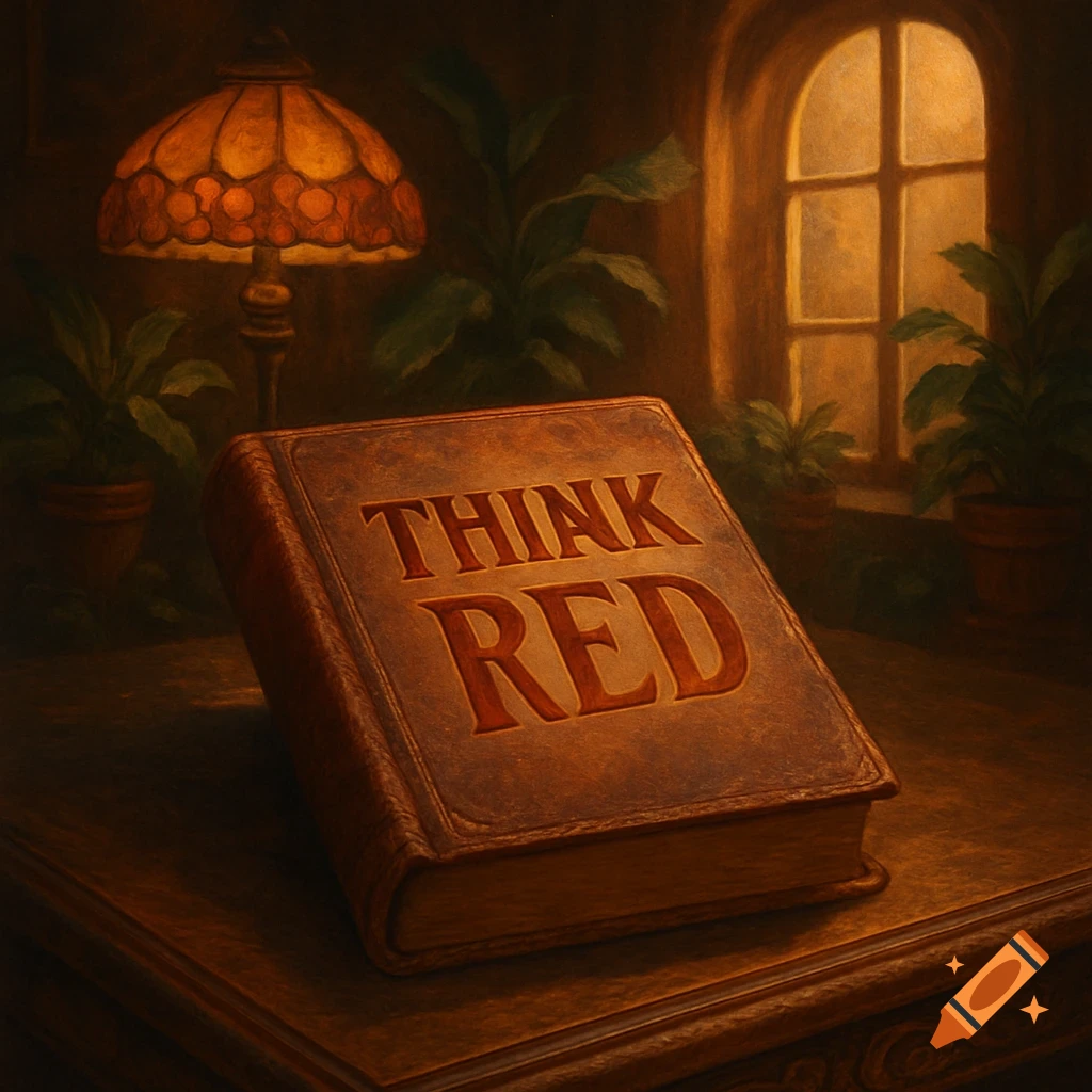 A vintage-style painting of an old book titled 'THINK RED' on a table, with a lamp and potted plants in warm, atmospheric light.