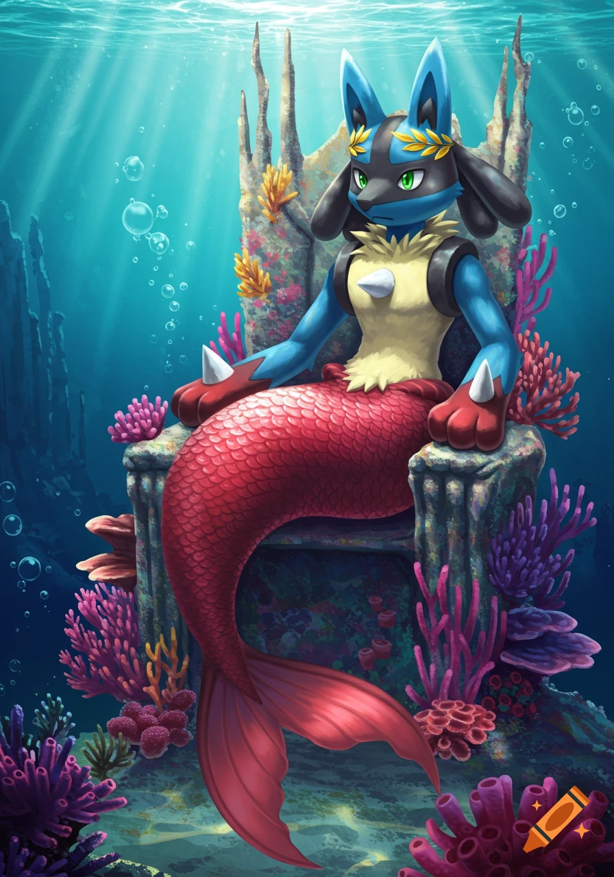 Lucario merman with a red tail and laurel wreath sitting on an underwater coral throne, digital art.