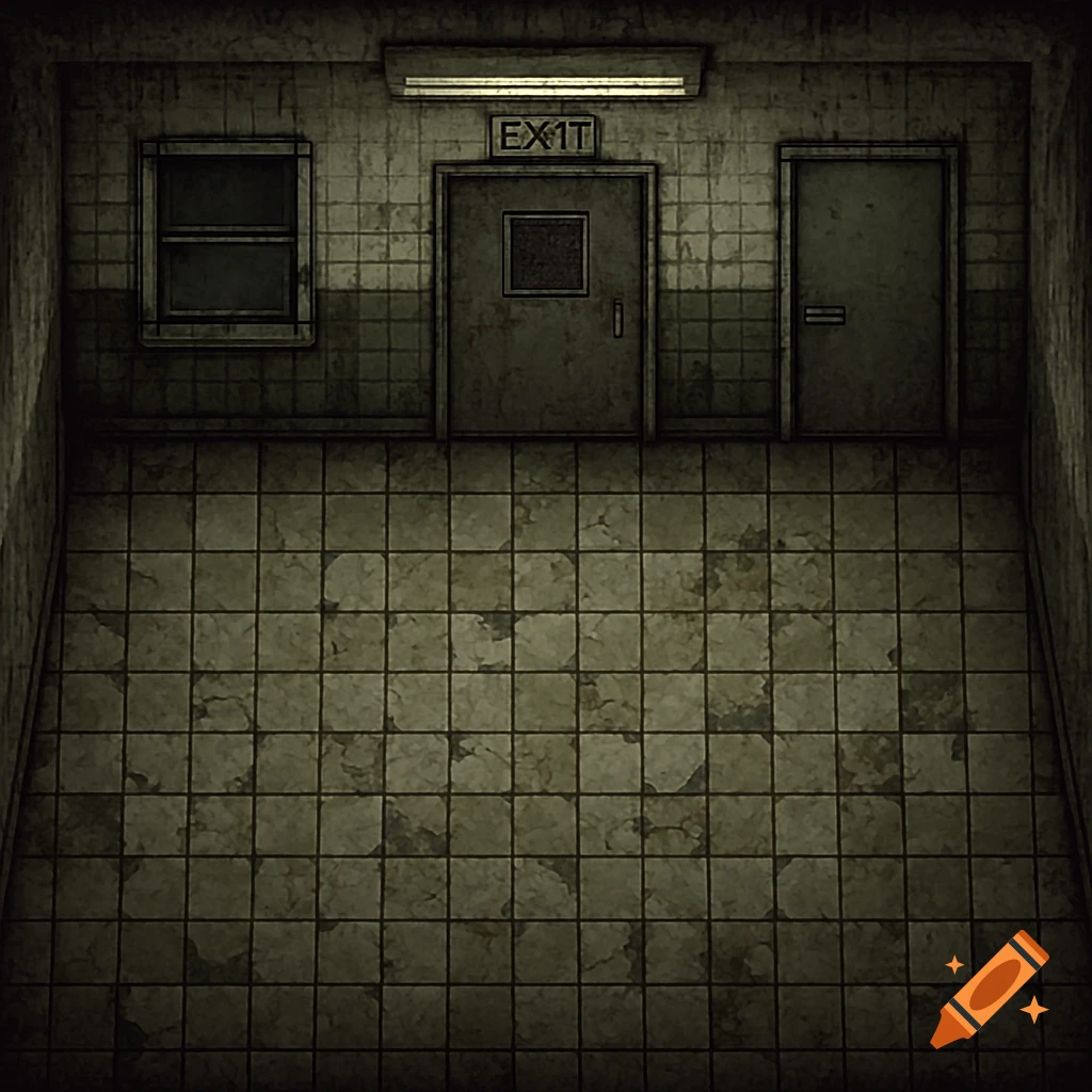 Top-down pixel art view of a grimy, tiled hospital room with an 'EXIT' door, another door, and a window.