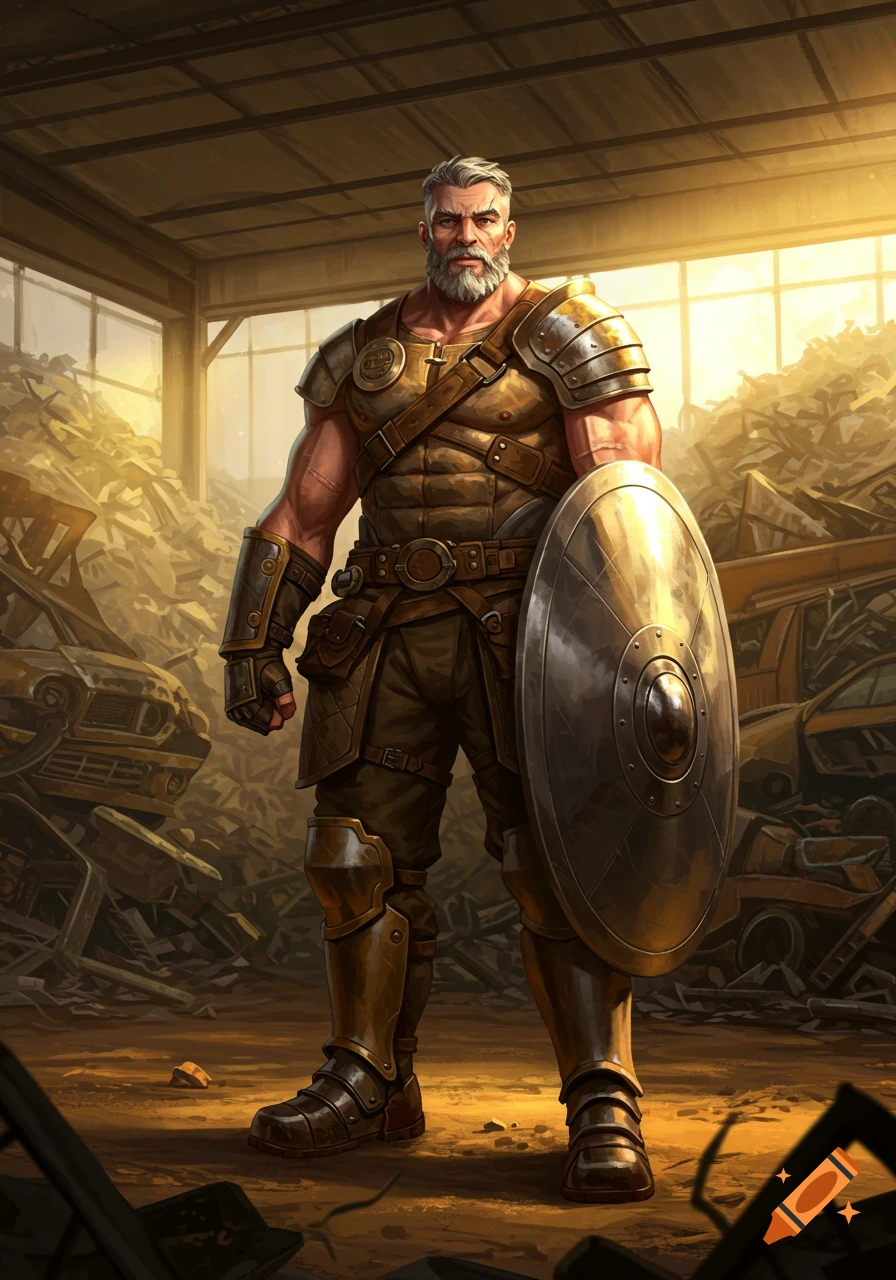 Muscular, grey-haired man in golden armor and shield stands in a junkyard with scrap metal, heroic fantasy art style.