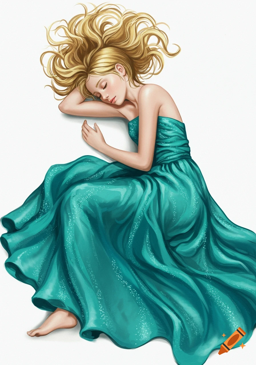 Illustrative portrait of a blonde woman in a flowing teal dress, lying on her side with eyes closed.