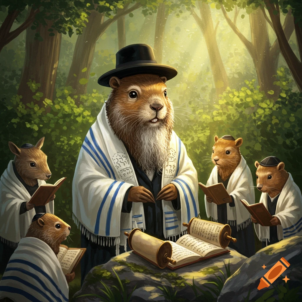 An illustration of a group of anthropomorphic groundhog rabbis wearing prayer shawls and hats, reading religious texts and a Torah scroll in a sunlit forest.