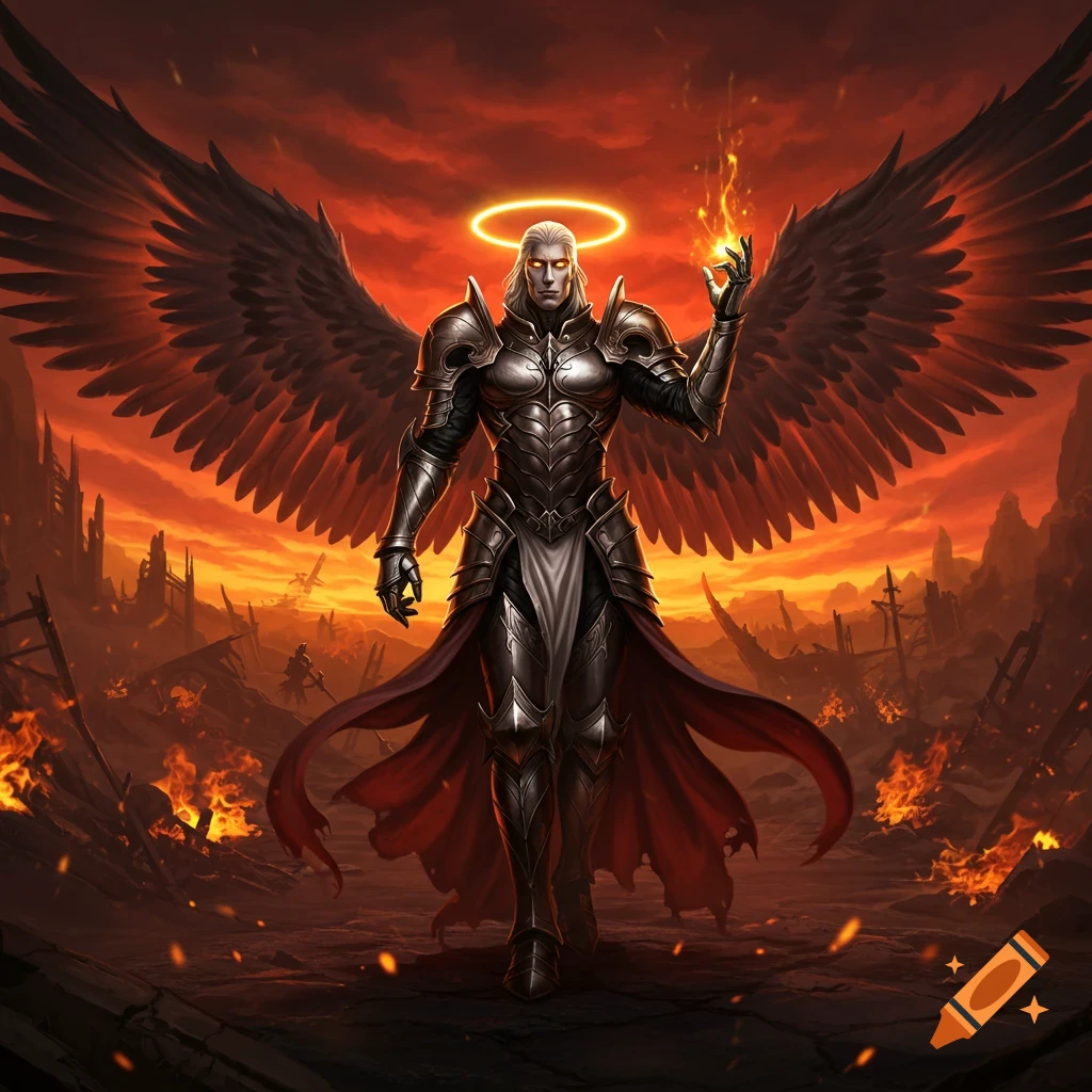 A winged warrior in dark armor with white hair and a glowing halo stands in a fiery, desolate landscape, holding a fiery orb.
