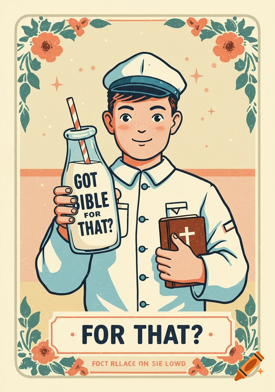 A vintage-style illustration of a smiling boy in a milkman uniform holding a milk bottle that reads "GOT BIBLE FOR THAT?" and a Bible.