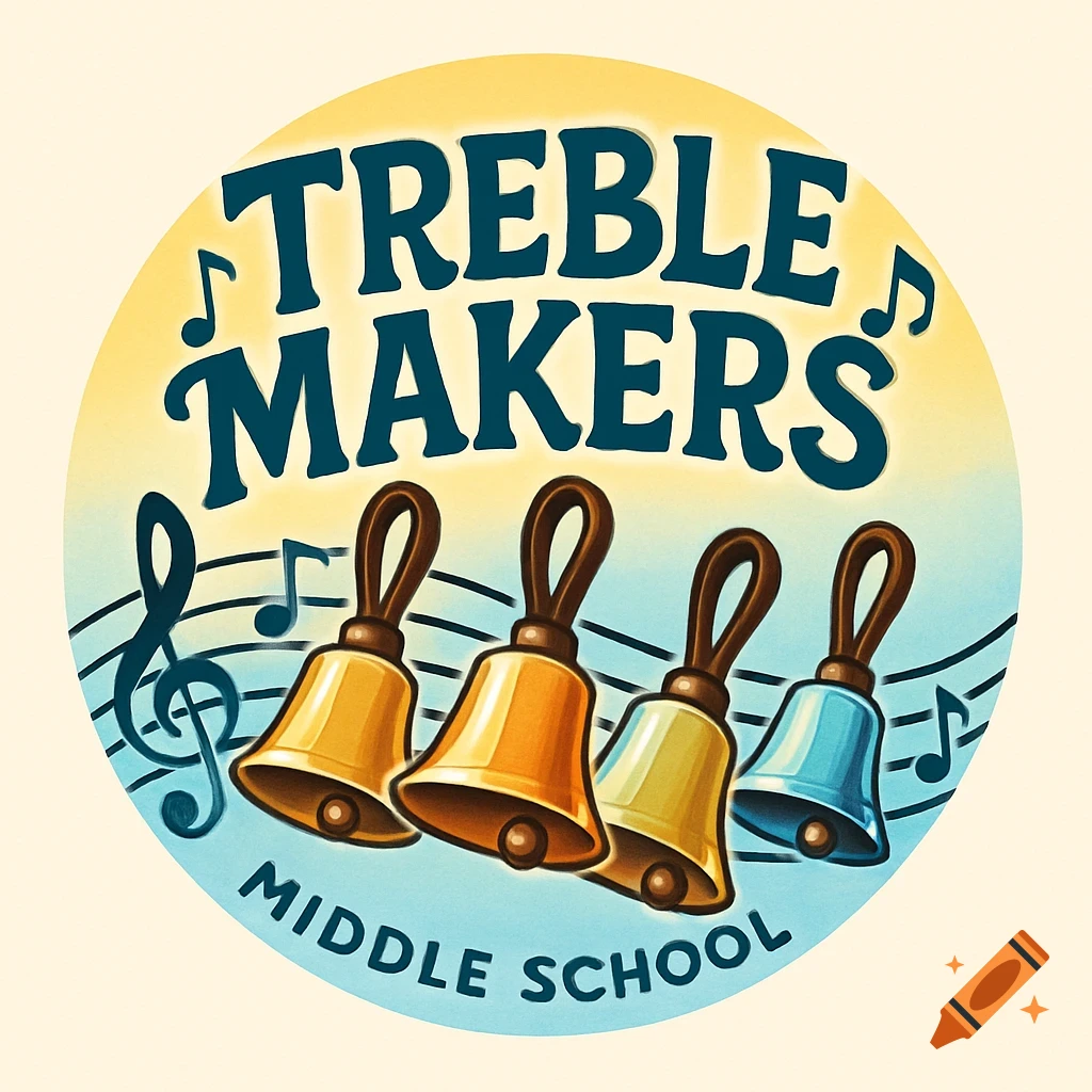 A circular logo for Treble Makers Middle School featuring four handbells, a treble clef, and musical notes in a cartoon style.