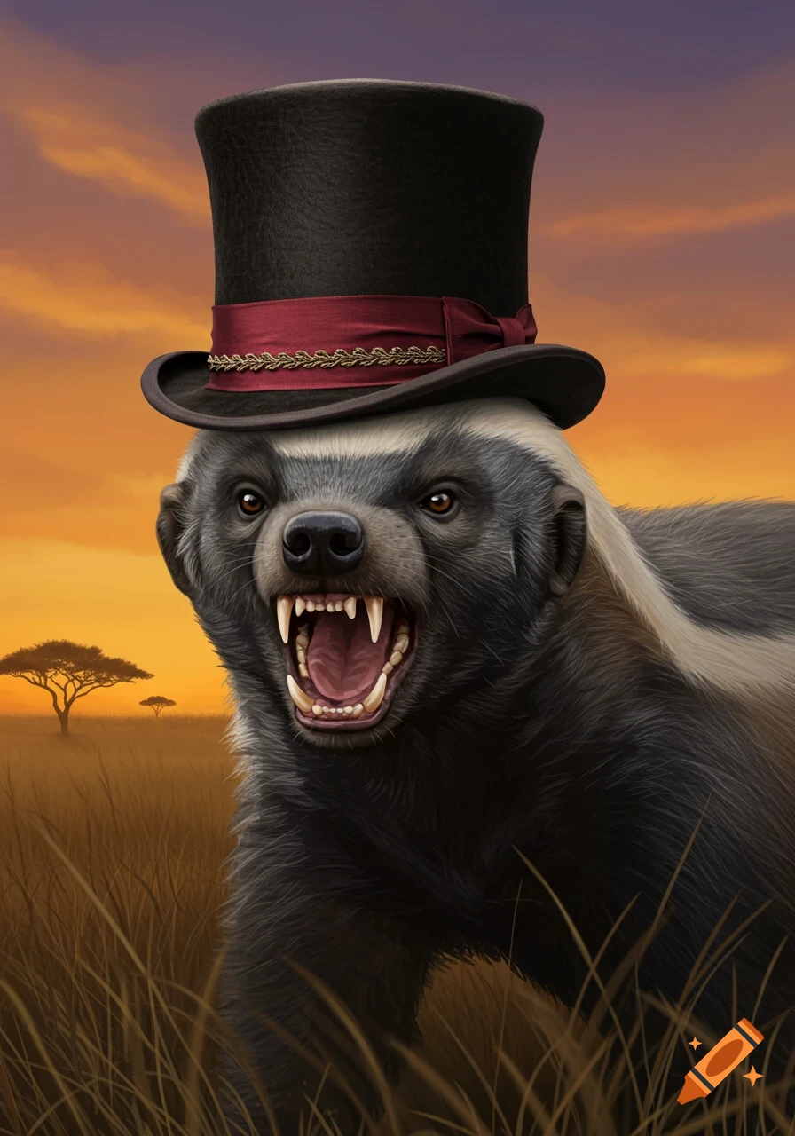 A snarling honey badger wearing a black top hat with a red and gold band, standing in a grassy savanna at sunset.