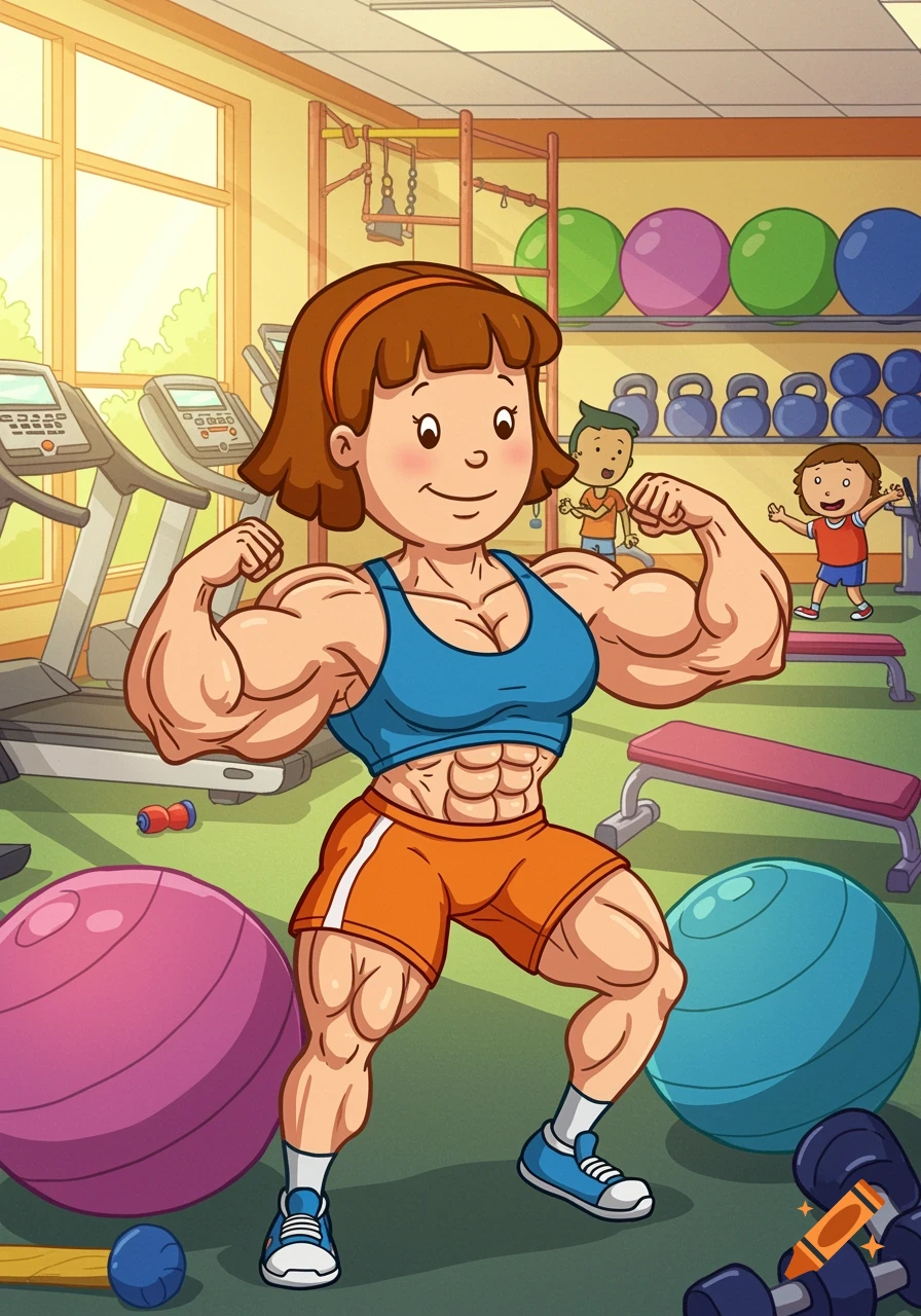 A cartoon woman with exaggerated muscles flexes in a gym, with two children playing in the background.