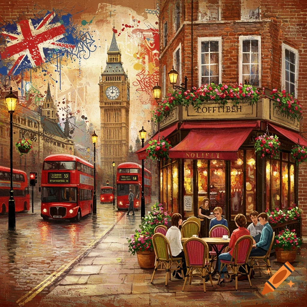 Painterly cityscape of London with Big Ben, red double-decker buses, and people dining outside a cafe.