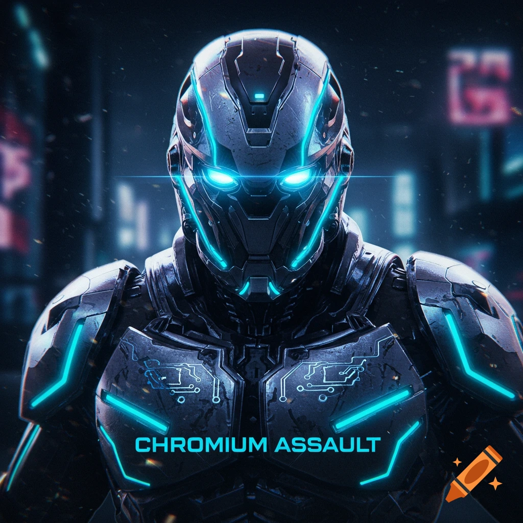 Close-up of a futuristic robot with glowing blue eyes and chest, text 'Chromium Assault' on its armor, in a dark cyberpunk city.