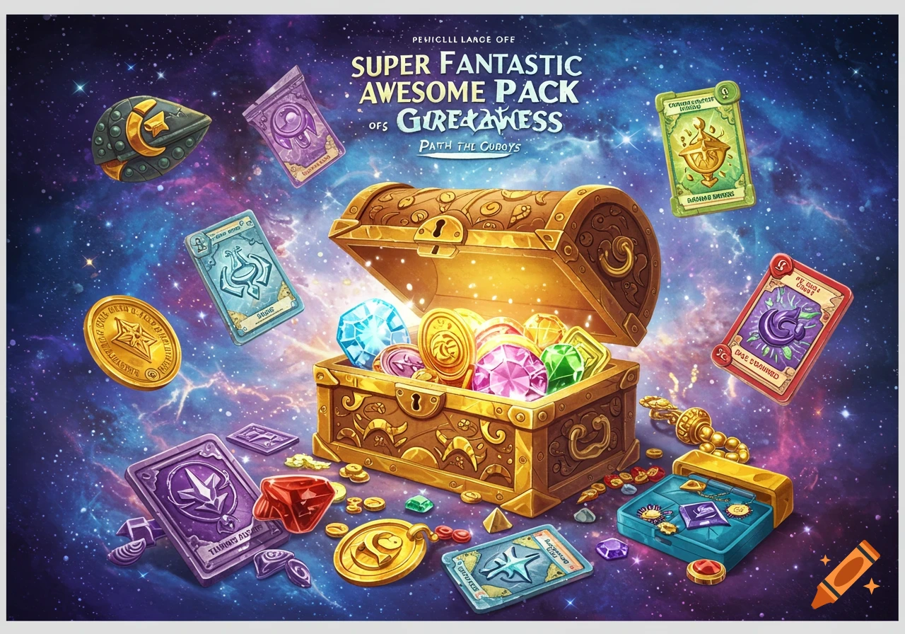An open treasure chest filled with sparkling gems and gold coins, surrounded by floating collectible cards and more coins against a cosmic background. The main title reads "SUPER FANTASTIC AWESOME PACK of GREATNESS."