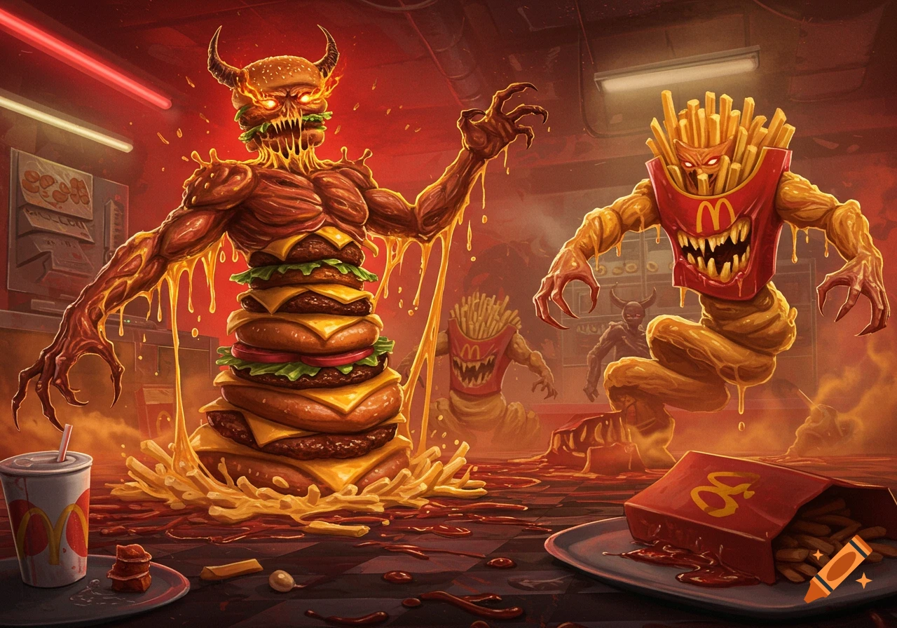 A grotesque burger demon with horns and a fries box demon with sharp teeth stand in a hellish fast food restaurant.