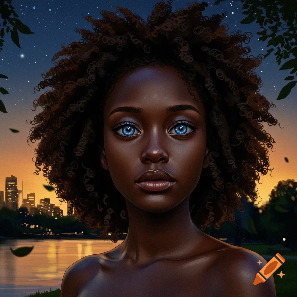 Close-up digital art portrait of a dark-skinned woman with curly hair and bright blue eyes, against a sunset cityscape and starry sky.