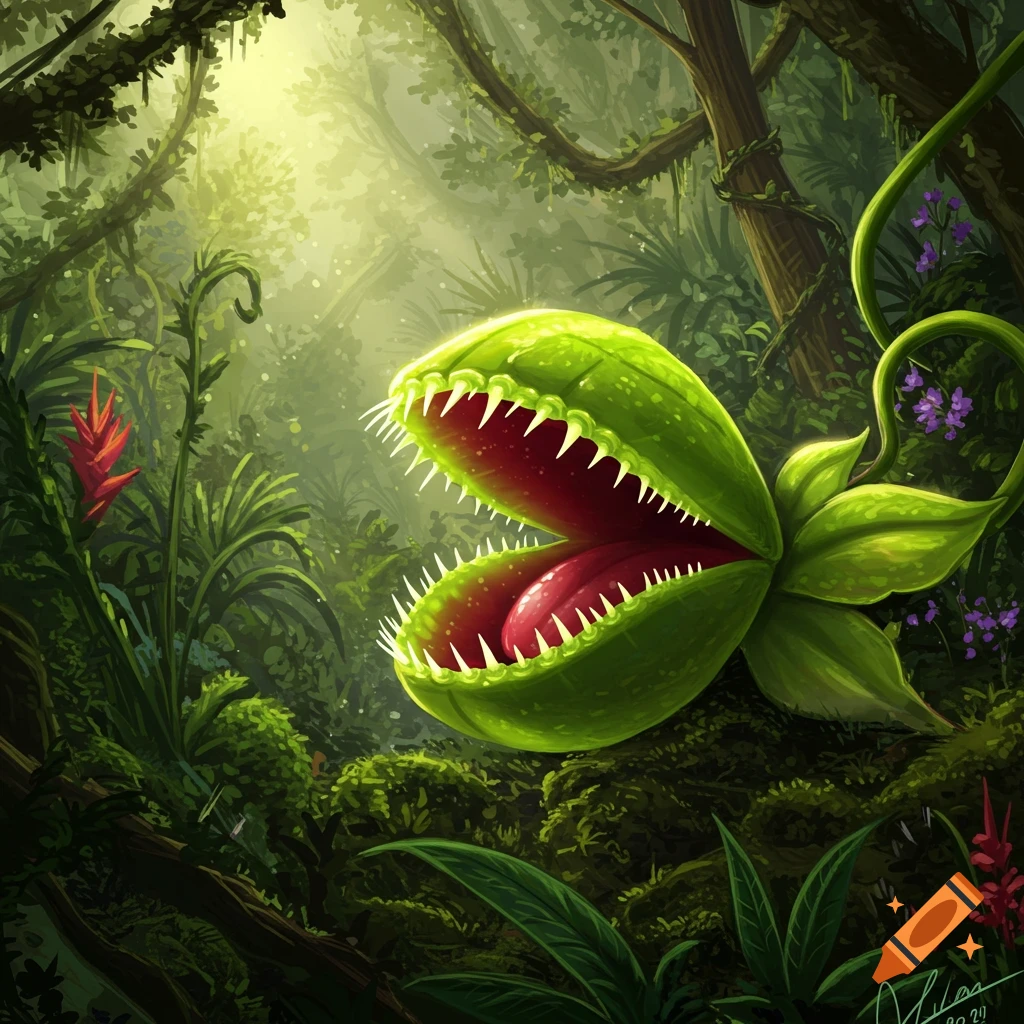 A vibrant green carnivorous plant with a red interior and sharp teeth opens its mouth wide in a lush, sun-dappled jungle. Illustrated.