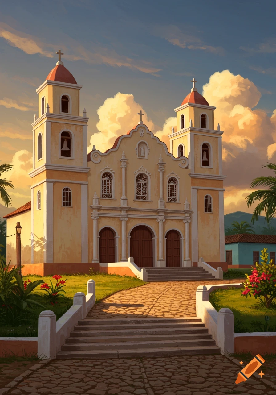 Illustrative painting of a cream-colored Catholic church with two bell towers, red roofs, and crosses, under a dramatic sky, with a cobblestone path and tropical plants.