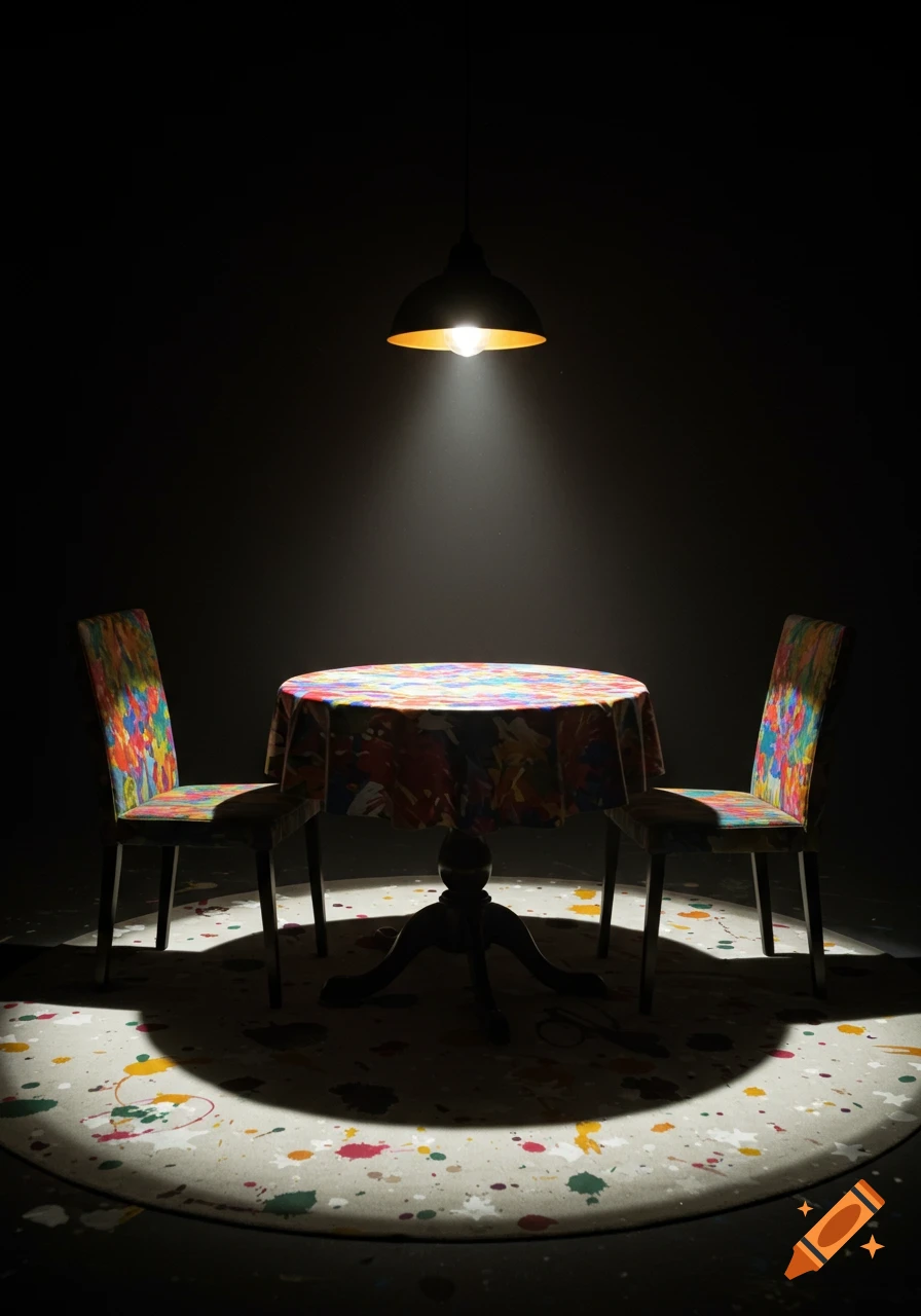 A spotlight illuminates a circular table with a colorful patterned tablecloth and two matching chairs on a rug with paint splatters in a dark room.